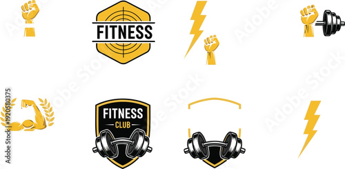 fitness logo collection with dumbbell lightning bolt strong arm badge icons in black and gold vector style for gym branding