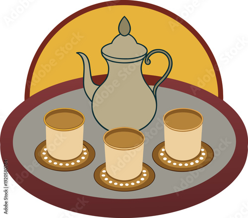 A vector graphic of a teapot and three cups on a tray with a transparent background