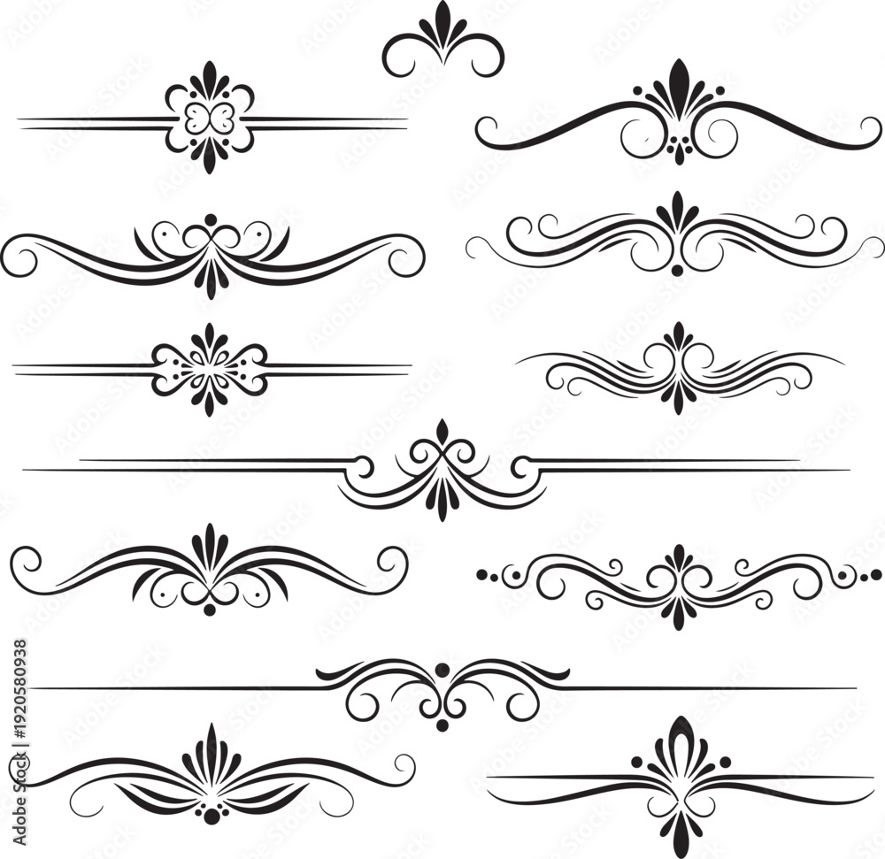 Fototapeta premium Elegant Black and White Floral Swirls Vector Ornament Set for Design Projects