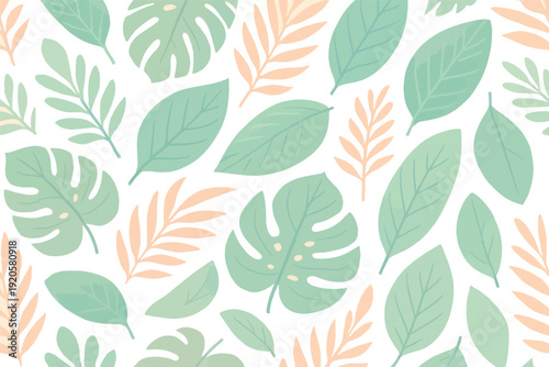 A beautiful pattern of green and peach leaves on a white background.