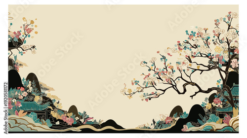 Traditional chinese landscape painting with cherry blossoms and mountains