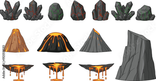 Cartoon volcano, lava flows, and crystal rock set, fantasy game environment elements collection, detailed vector illustration isolated on white background for design use