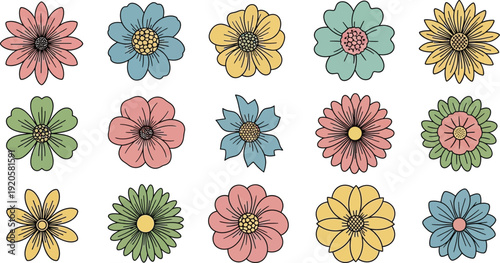 Colorful cartoon flowers in various colors and shapes on white background pink blue