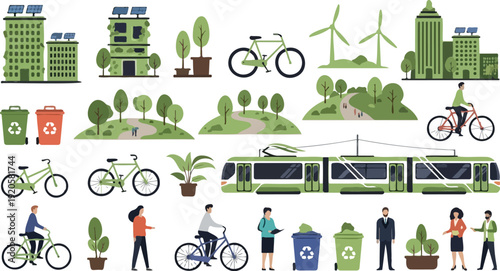 Eco-friendly lifestyle vector illustration showcasing sustainability, cycling, recycling, and urban greenery in flat design
