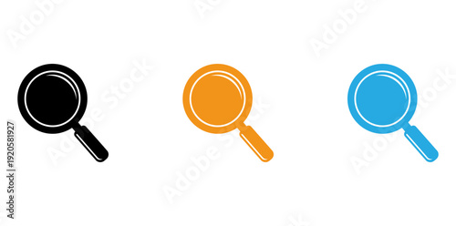 Three stylized magnifying glasses with different colored lenses and handles isolated on transparent background, Vector