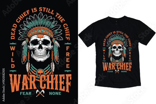 Native American Skull War Chief Vintage Graphic T-Shirt Design