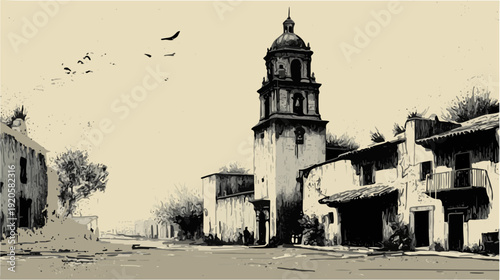 Old village bell tower street scene with flying birds