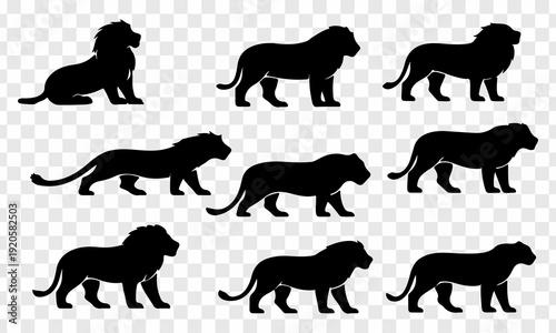 Dynamic black panther silhouettes in running and leaping poses, bold flat vectors for seamless patterns.