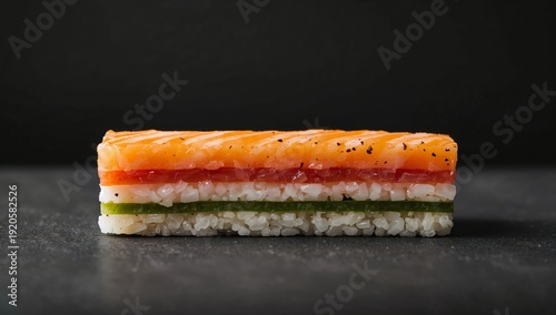 Sushi Layered With Fish and Vegetables Served on a Dark Surface in a Kitchen ...