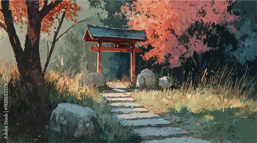 Torii gate leading to tranquil japanese garden path