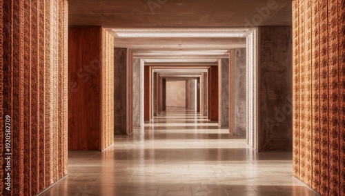 Long Hallway With Lights and Textured Walls in a Modern Building at Midday