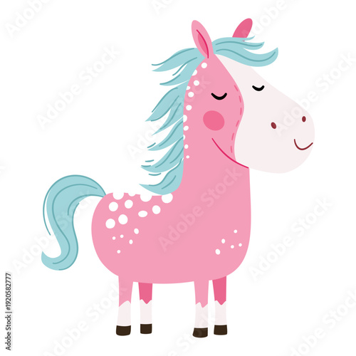Cute children's illustration, cute pink horse. Flat vector illustration . Vector illustration