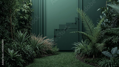 Green Garden Pathway Leads to an Entrance Surrounded by Lush Plants in a Simp...