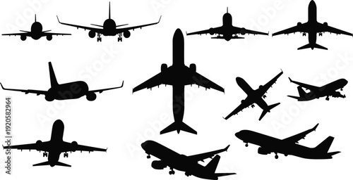 Passenger aircraft silhouette vector set various airplane views