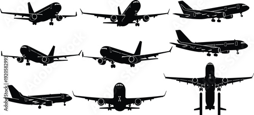 Commercial passenger airplane silhouettes side view vector set