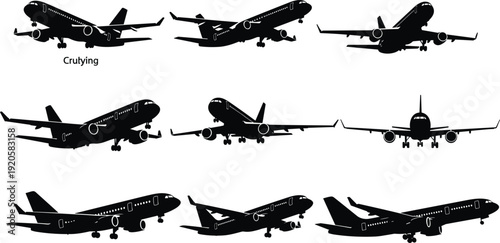 Commercial passenger airplane silhouette icons vector set