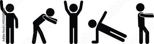  Minimalist Stick Figure Stretching Poses Vector Set with Arm Raises Forward Bend Side Plank and Shoulder Stretch for Fitness Yoga Warm Up and Wellness