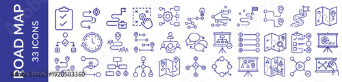 Roadmap workflow icon set, business planning and strategy outline vector collection on transparent background