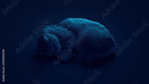 Cat Sleeping Quietly on a Dark Surface Under Blue Lighting in a Cozy Indoor S...