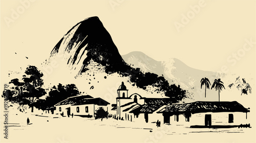 Brazilian mountain landscape with village and palm trees