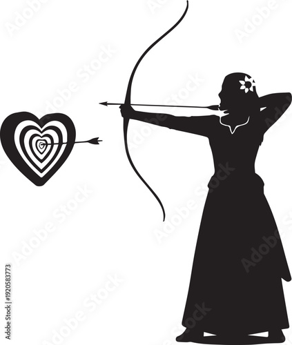 Cupid silhouette with bow and arrow aiming at heart