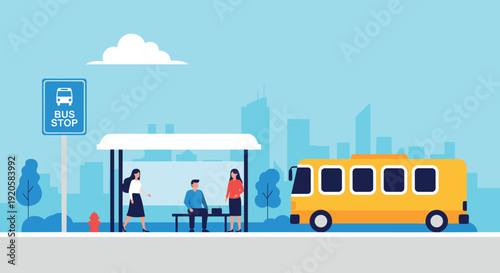 City Bus Stop Scene with Passengers Waiting and Yellow Public Transport Vehicle Vector Illustration