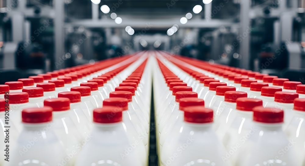 Obraz premium Milk Production Line: Long rows of white plastic bottles with red caps on conveyor belt, industrial dairy factory, mass manufacturing, distribution and supply chain concept