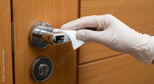 Surface Disinfection Hygiene: Hand in white glove wiping metal door handle with sanitizing cloth, virus prevention and safety, healthcare cleaning, protection and sterilization concept