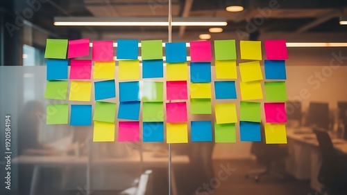 Brightly colored sticky notes on a glass wall in an office space showing teamwork and planning during the day