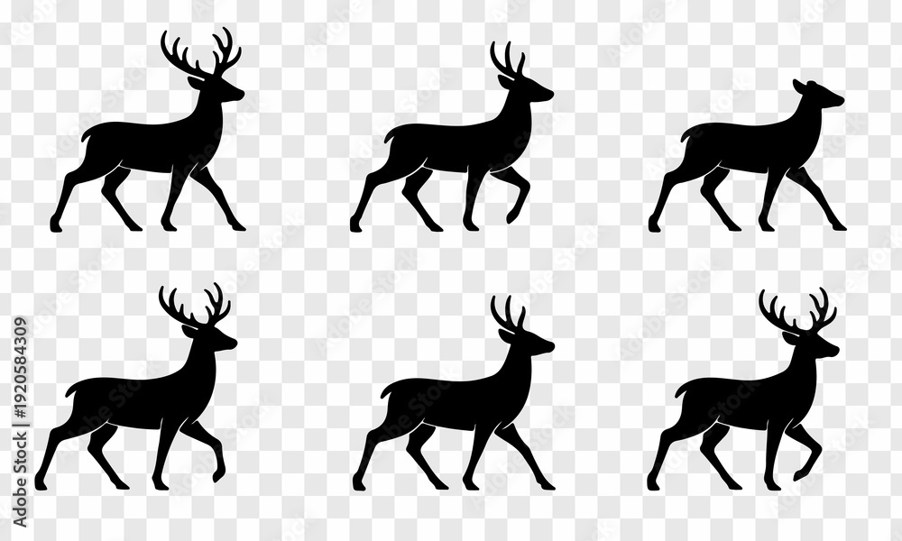 Fototapeta premium Deer silhouette collection featuring standing and running poses, perfect for wildlife vector projects and outdoor-themed designs. 