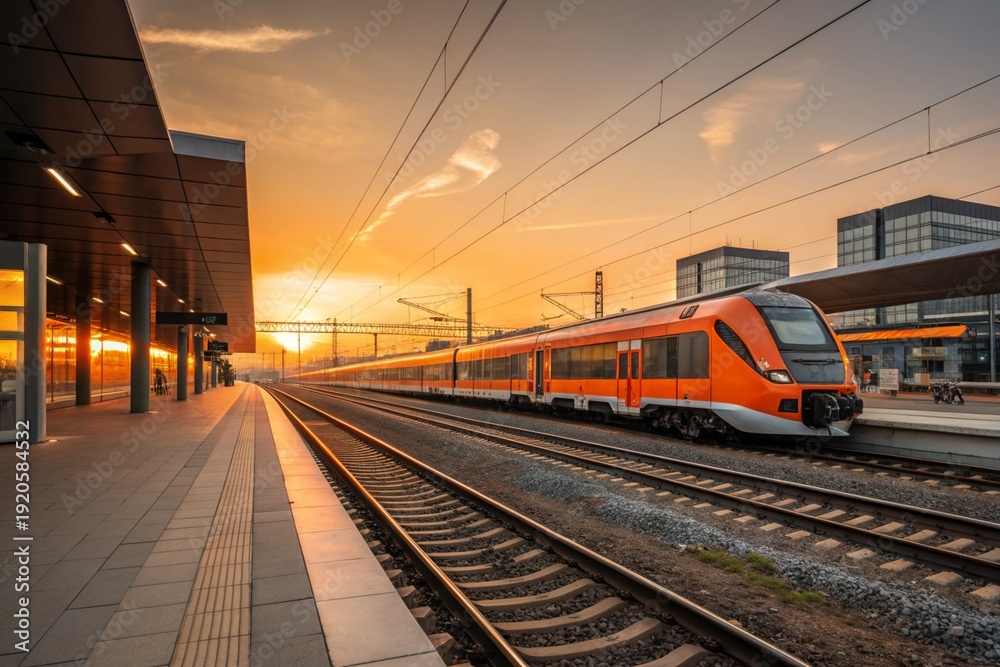 Fototapeta premium Modern High-Speed Passenger Train at Railway Station During Sunset
