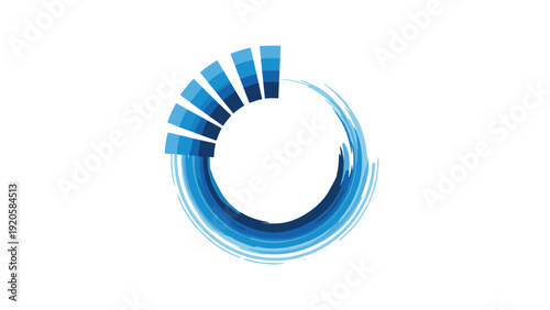 Modern blue circular progress indicator or loading icon with brush stroke textures arranged in a segments on a white background.