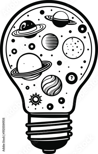 A black and white vector illustration of a lightbulb with planets and stars inside on transparent background