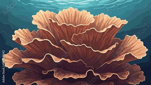 Detailed underwater illustration of a large brown coral formation with wavy edges under the surface of blue ocean water.