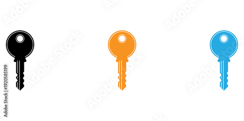 Three distinct colored keys displayed side by side in a digital illustration isolated on transparent background, Vector
