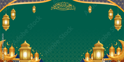 ramadhan kareem. islamic greetings ramadan kareem card design background with lanterns and crescent moon. vector illustration