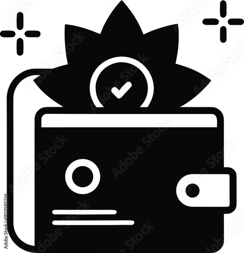A green wallet with a green plant and checkmark on transparent background