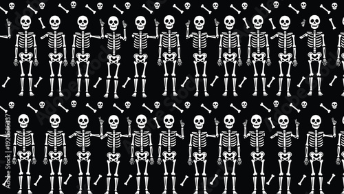 Seamless pattern of white human skeletons in various poses and small bones scattered across a solid dark black background.