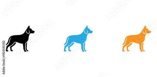 Three stylized dogs depicted in different colors and silhouettes isolated on transparent background, Vector