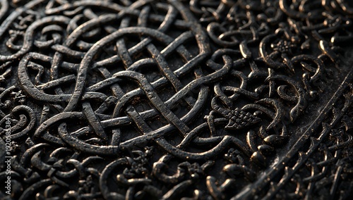 Intricate Metal Design Featuring Woven Patterns and Symbols in a Close-Up View