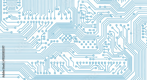 Blue Circuit Board Pattern with Electronic Components and Wiring.