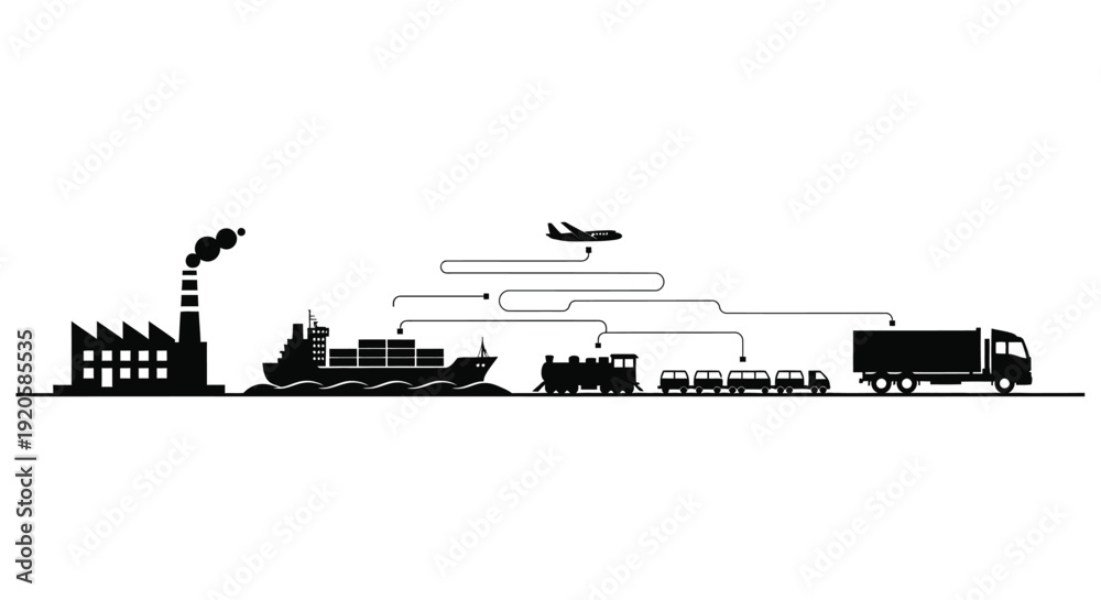 Obraz premium Silhouetted depiction of various transportation methods and industrial buildings high quality