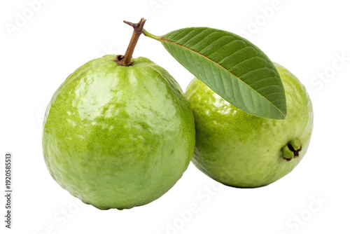 Two fresh green guavas with a single leaf attached, symbolizing tropical fruit and healthy eating with a vibrant, natural appeal against a clean white background