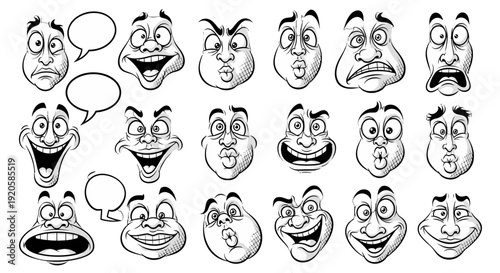 Collection of Cartoon Faces with Various Expressions and Emotions.