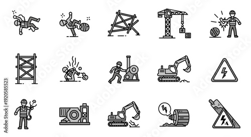 Construction site icons set with safety hazards and machinery.