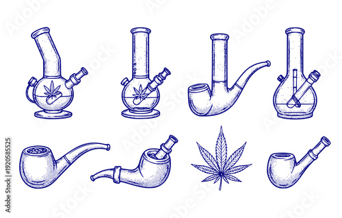 Halftone Bong Pipe Marijuana Cannabis Line Art Set 8 Sketch Smoking Device Paraphernalia-Apparatus Accessory Illustration Vector Set