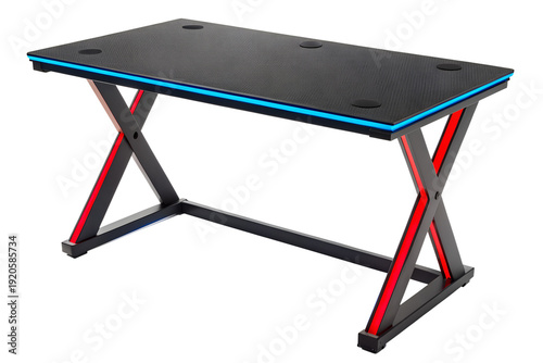 Modern Black Gaming Desk with Red and Blue LED Accents - Sleek, Ergonomic Design for Ultimate Gaming Experience and Home Office Setup
