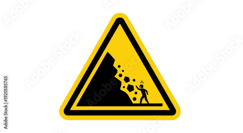 Warning sign for falling rocks and landslide hazard.
