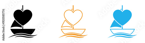 Heart shaped sailboat icon set