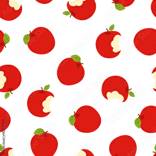 Seamless pattern of whole and bitten red apples with green leaves. Hand drawn flat fruit background for healthy food concept, kitchen decor or stationery.